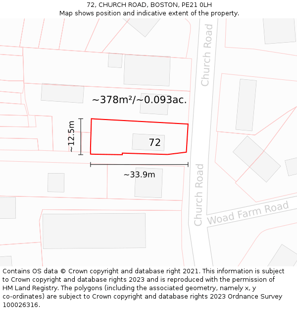 72, CHURCH ROAD, BOSTON, PE21 0LH: Plot and title map