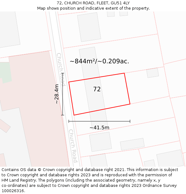 72, CHURCH ROAD, FLEET, GU51 4LY: Plot and title map