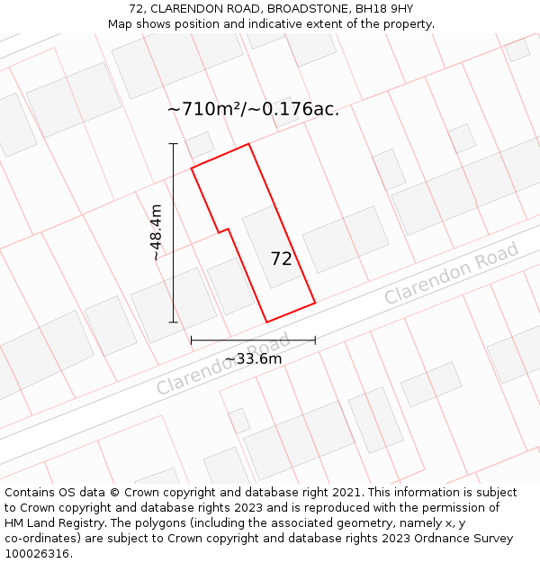 72, CLARENDON ROAD, BROADSTONE, BH18 9HY: Plot and title map