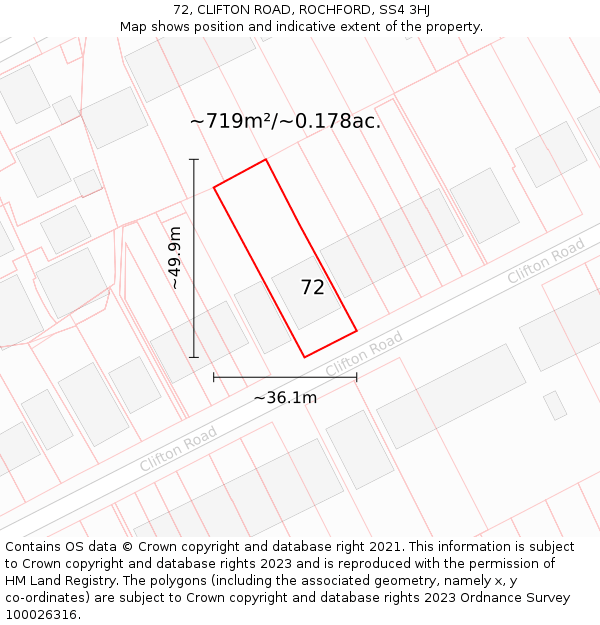 72, CLIFTON ROAD, ROCHFORD, SS4 3HJ: Plot and title map