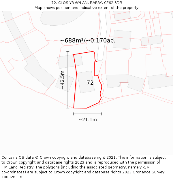 72, CLOS YR WYLAN, BARRY, CF62 5DB: Plot and title map