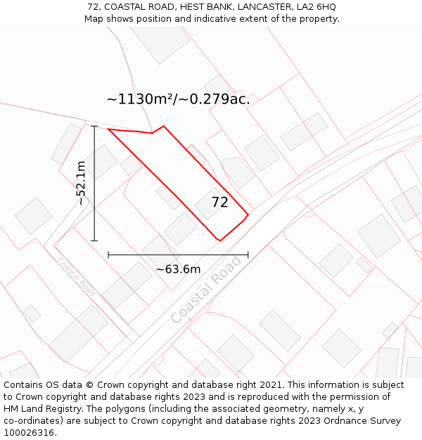 72, COASTAL ROAD, HEST BANK, LANCASTER, LA2 6HQ: Plot and title map