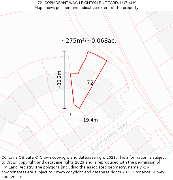 72, CORMORANT WAY, LEIGHTON BUZZARD, LU7 4UY: Plot and title map