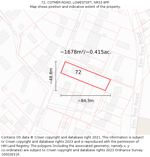 72, COTMER ROAD, LOWESTOFT, NR33 9PP: Plot and title map