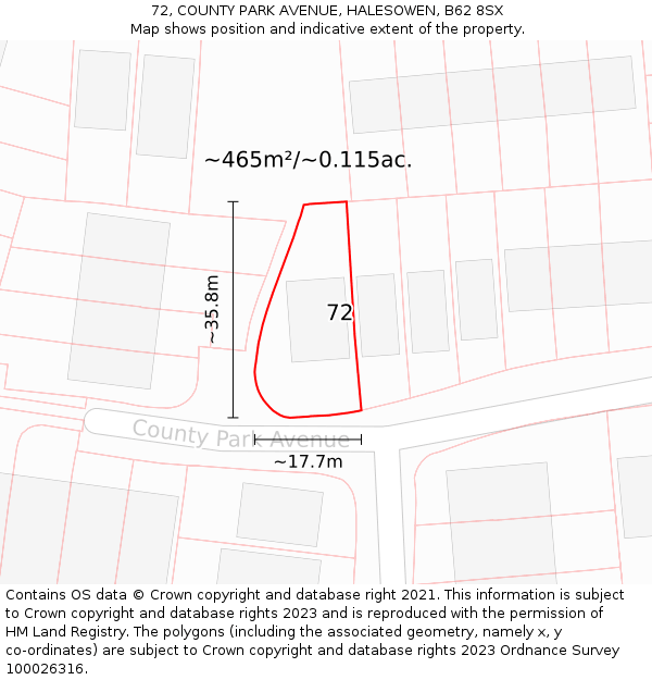 72, COUNTY PARK AVENUE, HALESOWEN, B62 8SX: Plot and title map