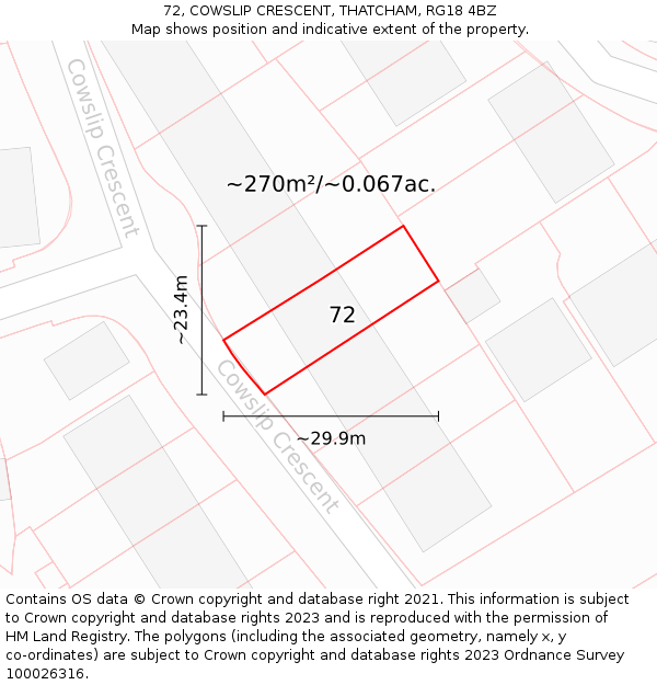 72, COWSLIP CRESCENT, THATCHAM, RG18 4BZ: Plot and title map