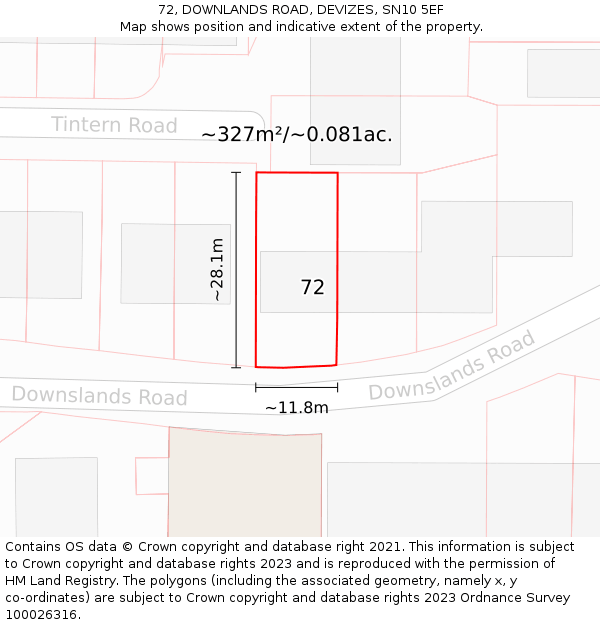72, DOWNLANDS ROAD, DEVIZES, SN10 5EF: Plot and title map