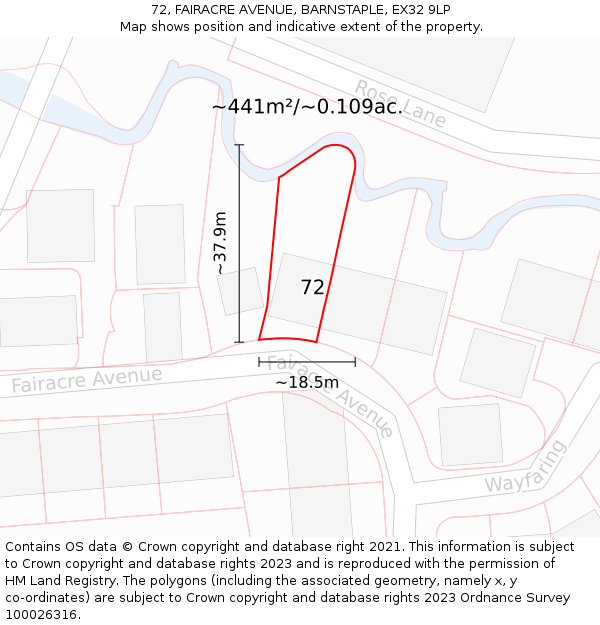 72, FAIRACRE AVENUE, BARNSTAPLE, EX32 9LP: Plot and title map