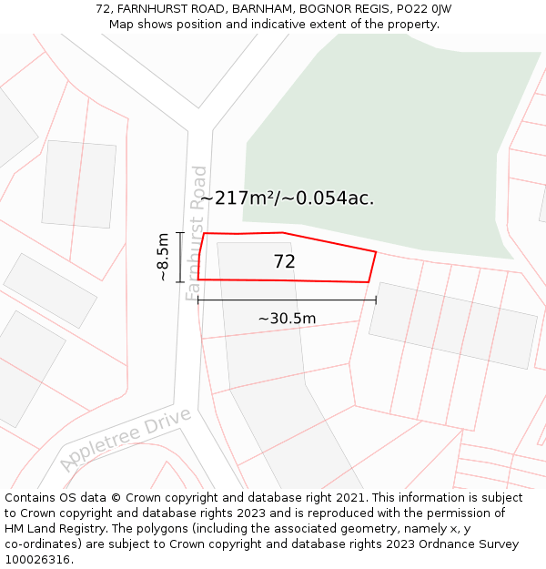 72, FARNHURST ROAD, BARNHAM, BOGNOR REGIS, PO22 0JW: Plot and title map