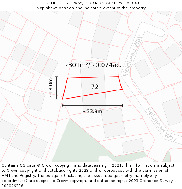 72, FIELDHEAD WAY, HECKMONDWIKE, WF16 9DU: Plot and title map