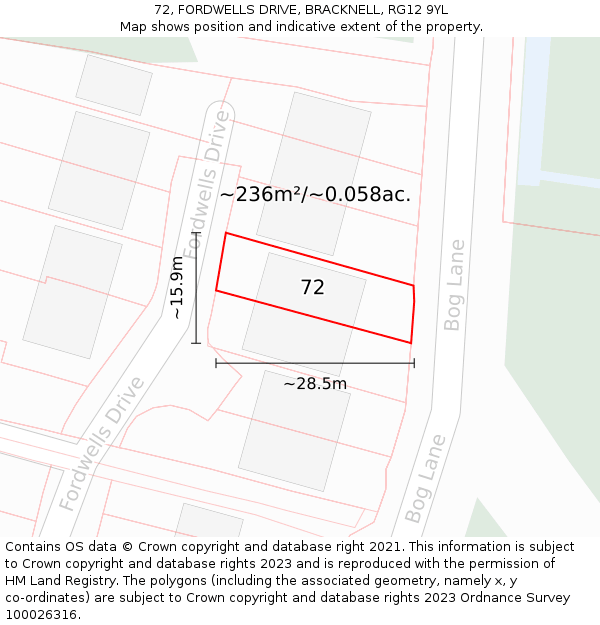 72, FORDWELLS DRIVE, BRACKNELL, RG12 9YL: Plot and title map