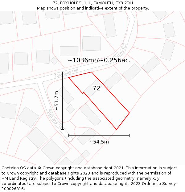 72, FOXHOLES HILL, EXMOUTH, EX8 2DH: Plot and title map