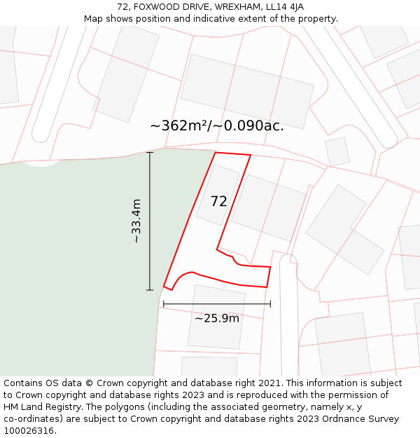 72, FOXWOOD DRIVE, WREXHAM, LL14 4JA: Plot and title map