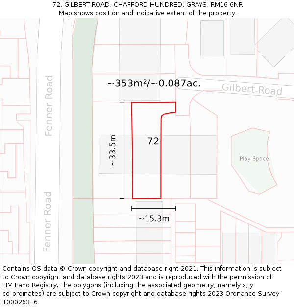 72, GILBERT ROAD, CHAFFORD HUNDRED, GRAYS, RM16 6NR: Plot and title map