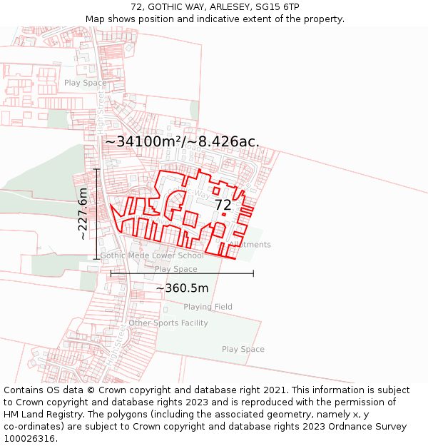 72, GOTHIC WAY, ARLESEY, SG15 6TP: Plot and title map