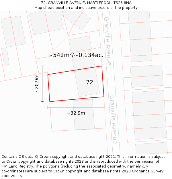 72, GRANVILLE AVENUE, HARTLEPOOL, TS26 8NA: Plot and title map
