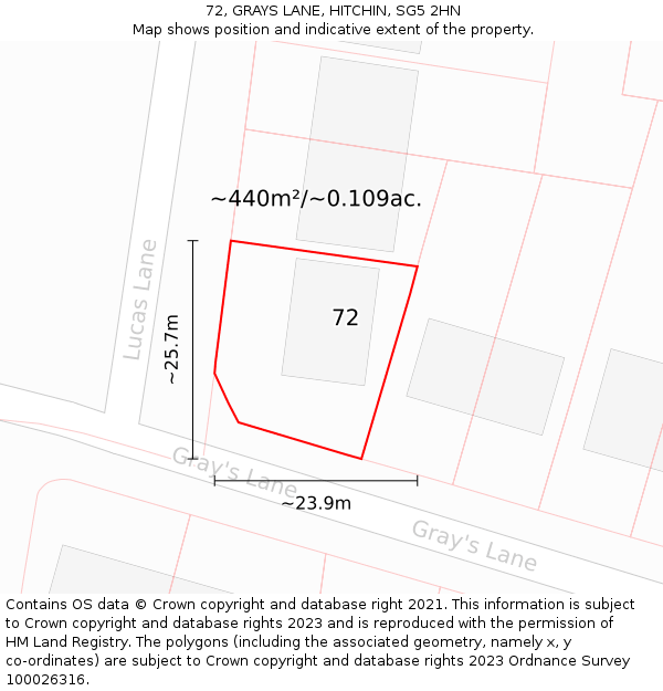 72, GRAYS LANE, HITCHIN, SG5 2HN: Plot and title map