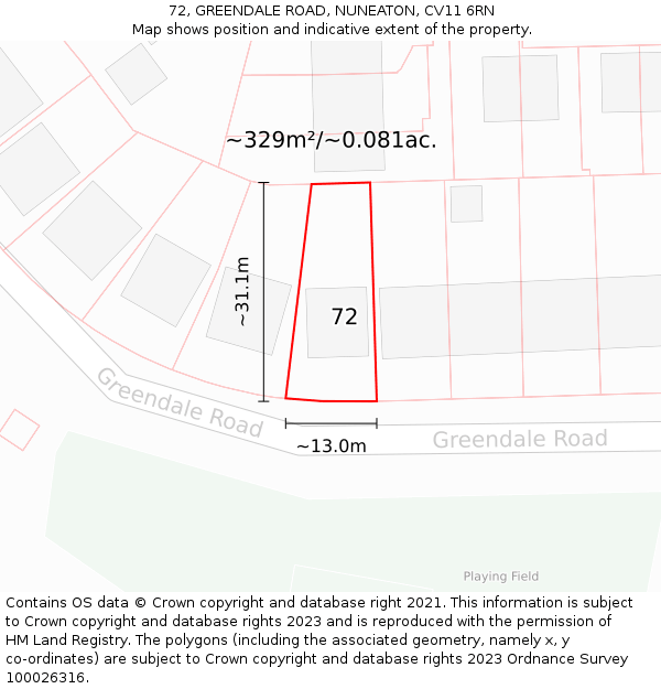 72, GREENDALE ROAD, NUNEATON, CV11 6RN: Plot and title map