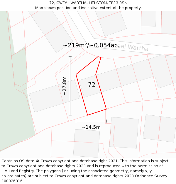 72, GWEAL WARTHA, HELSTON, TR13 0SN: Plot and title map