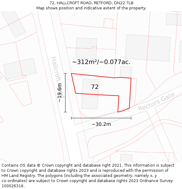 72, HALLCROFT ROAD, RETFORD, DN22 7LB: Plot and title map