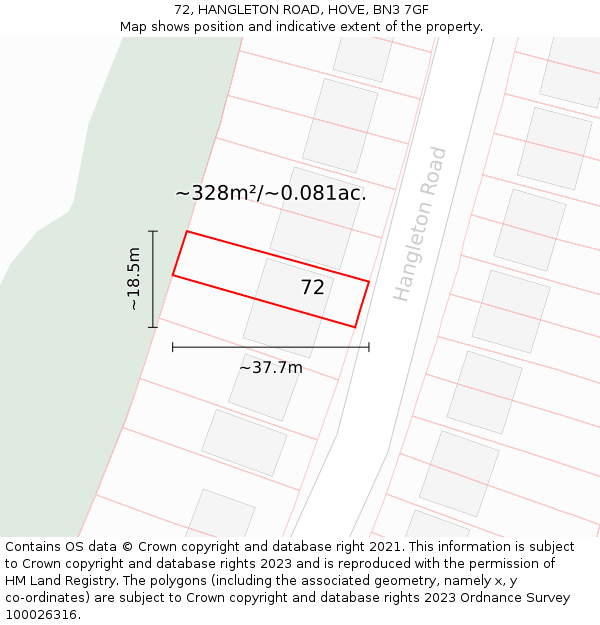 72, HANGLETON ROAD, HOVE, BN3 7GF: Plot and title map