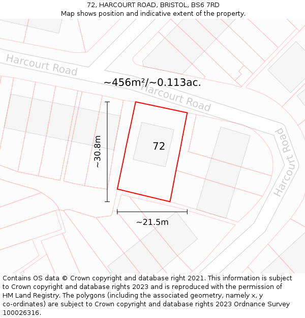 72, HARCOURT ROAD, BRISTOL, BS6 7RD: Plot and title map