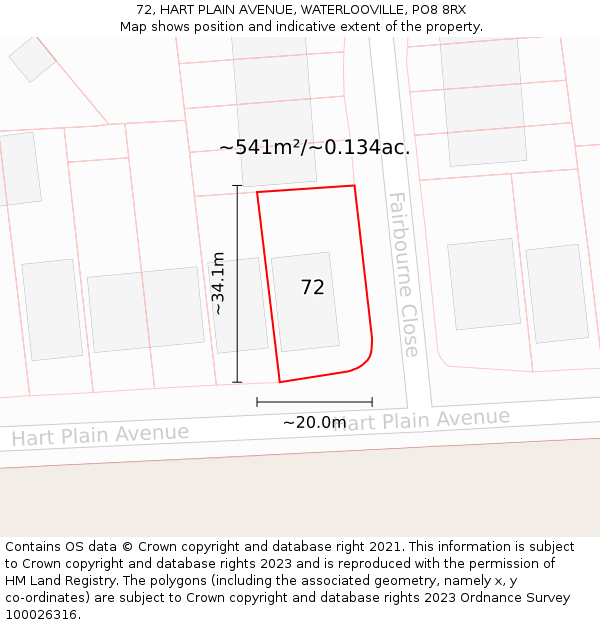 72, HART PLAIN AVENUE, WATERLOOVILLE, PO8 8RX: Plot and title map