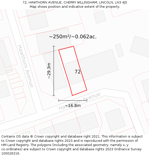 72, HAWTHORN AVENUE, CHERRY WILLINGHAM, LINCOLN, LN3 4JS: Plot and title map
