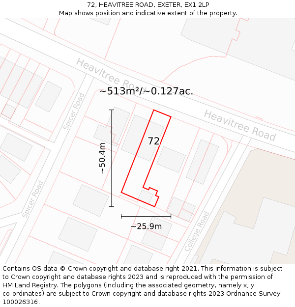 72, HEAVITREE ROAD, EXETER, EX1 2LP: Plot and title map