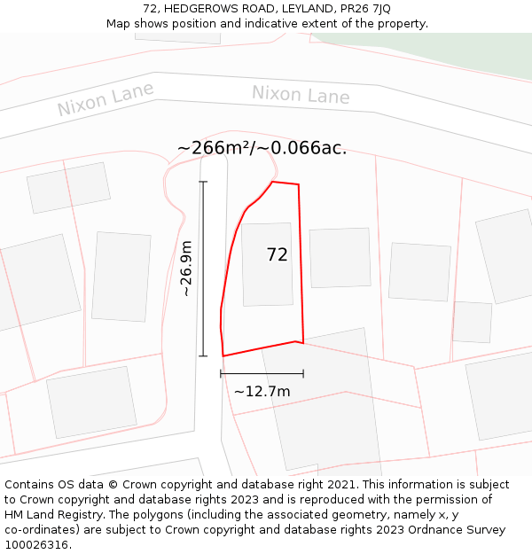 72, HEDGEROWS ROAD, LEYLAND, PR26 7JQ: Plot and title map