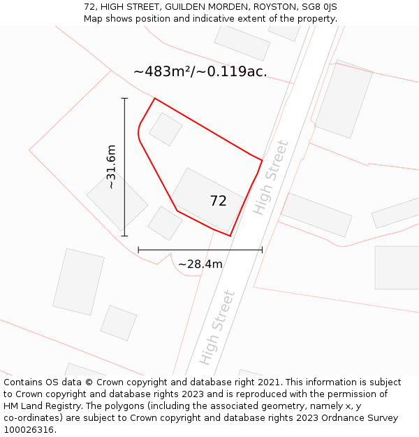 72, HIGH STREET, GUILDEN MORDEN, ROYSTON, SG8 0JS: Plot and title map