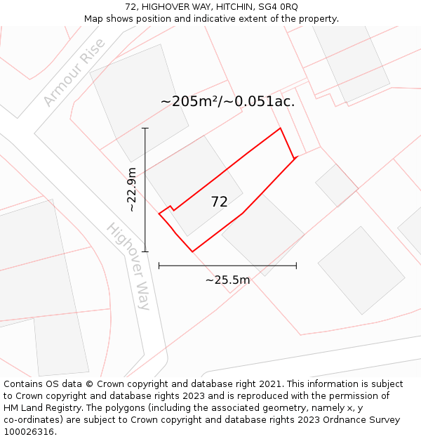 72, HIGHOVER WAY, HITCHIN, SG4 0RQ: Plot and title map