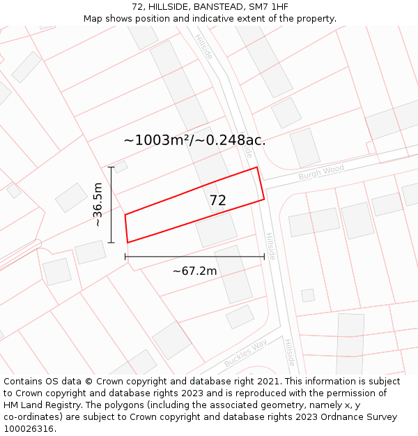 72, HILLSIDE, BANSTEAD, SM7 1HF: Plot and title map