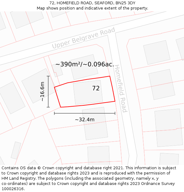 72, HOMEFIELD ROAD, SEAFORD, BN25 3DY: Plot and title map