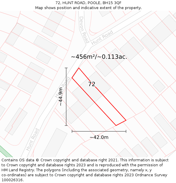 72, HUNT ROAD, POOLE, BH15 3QF: Plot and title map