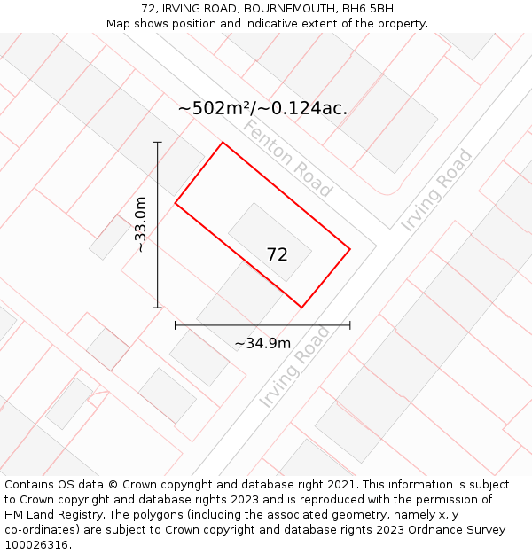 72, IRVING ROAD, BOURNEMOUTH, BH6 5BH: Plot and title map