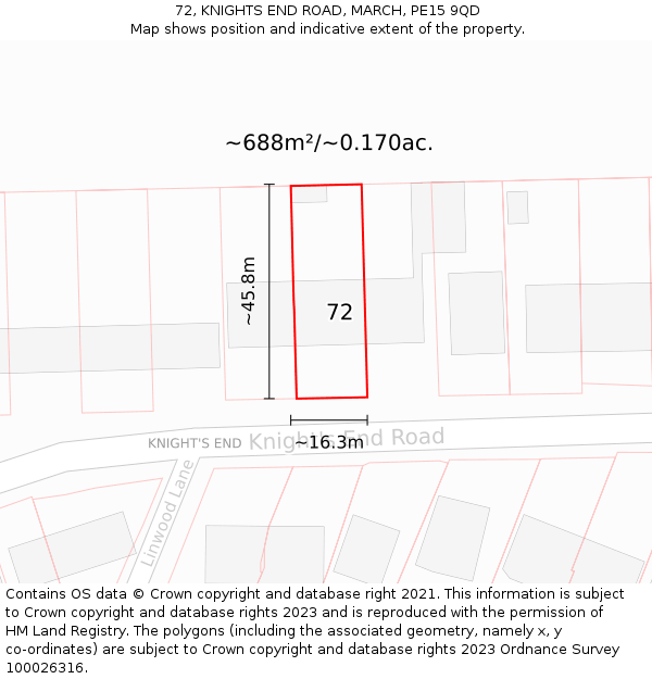 72, KNIGHTS END ROAD, MARCH, PE15 9QD: Plot and title map