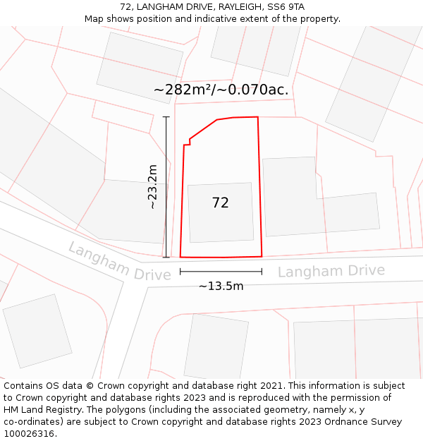 72, LANGHAM DRIVE, RAYLEIGH, SS6 9TA: Plot and title map