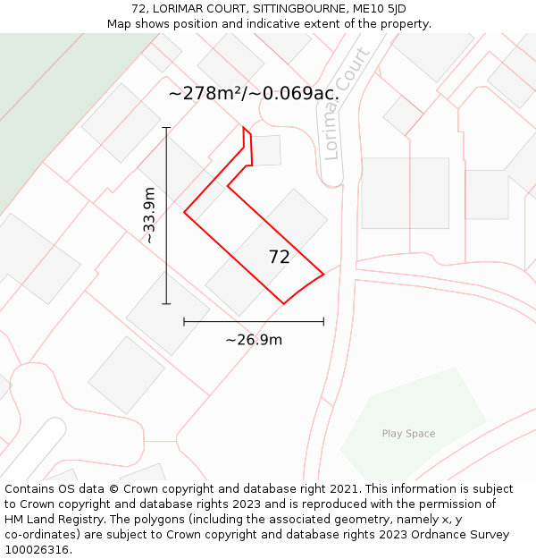 72, LORIMAR COURT, SITTINGBOURNE, ME10 5JD: Plot and title map