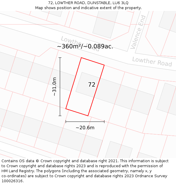 72, LOWTHER ROAD, DUNSTABLE, LU6 3LQ: Plot and title map