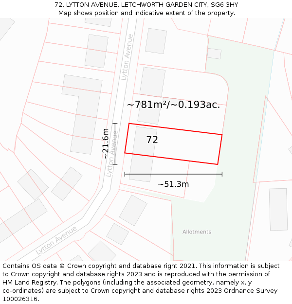 72, LYTTON AVENUE, LETCHWORTH GARDEN CITY, SG6 3HY: Plot and title map