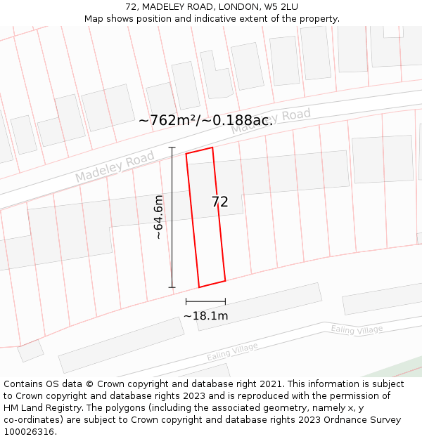72, MADELEY ROAD, LONDON, W5 2LU: Plot and title map