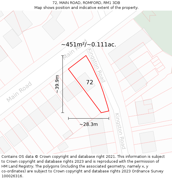 72, MAIN ROAD, ROMFORD, RM1 3DB: Plot and title map
