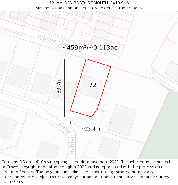 72, MALDEN ROAD, SIDMOUTH, EX10 9NA: Plot and title map