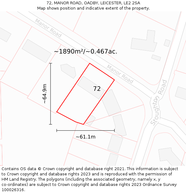 72, MANOR ROAD, OADBY, LEICESTER, LE2 2SA: Plot and title map