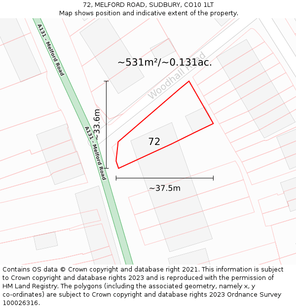 72, MELFORD ROAD, SUDBURY, CO10 1LT: Plot and title map