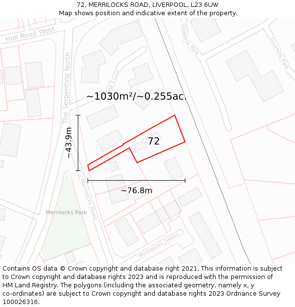 72, MERRILOCKS ROAD, LIVERPOOL, L23 6UW: Plot and title map