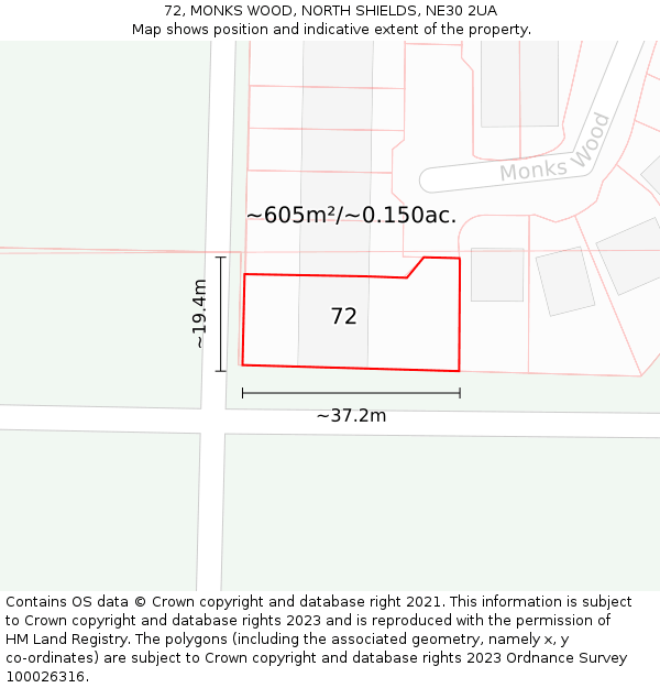 72, MONKS WOOD, NORTH SHIELDS, NE30 2UA: Plot and title map