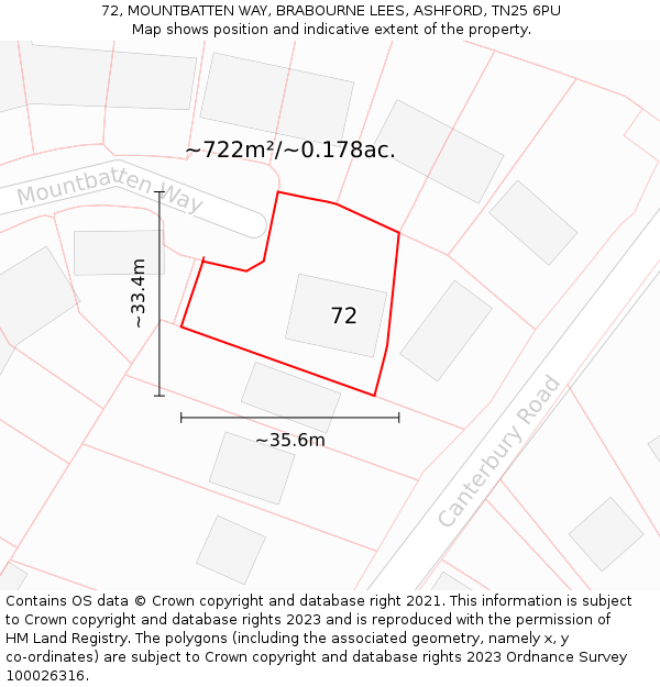 72, MOUNTBATTEN WAY, BRABOURNE LEES, ASHFORD, TN25 6PU: Plot and title map