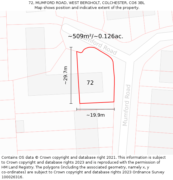 72, MUMFORD ROAD, WEST BERGHOLT, COLCHESTER, CO6 3BL: Plot and title map